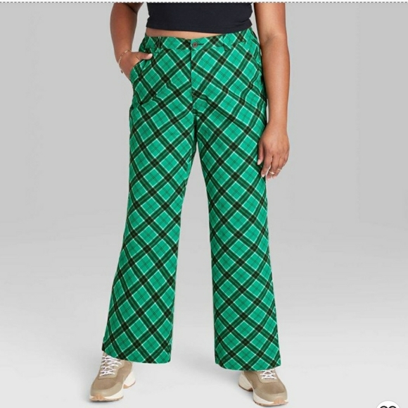 Wild Fable Low Rise Flare Chino Pants Emerald Green tartan Plaid Chino pant 12 - Picture 1 of 4
